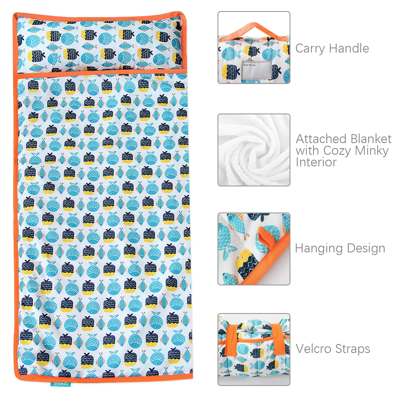 Toddler Nap Mat with Pillow and Fleece Blanket, Super Soft & Warm Kids Nap Mats for Preschool Daycare, Portable Travel Sleeping Bag for Toddlers (Quilted Improved Thickness), Fish