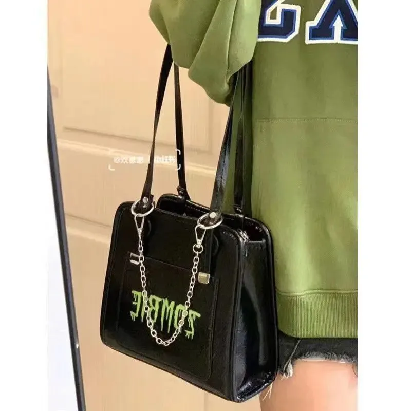 Uniwim Hot Girls Black Shoulder Bags Women Vintage Letter Chain Chic Large Capacity Tote Bag Female Retro Y2k Handbag Aesthetic