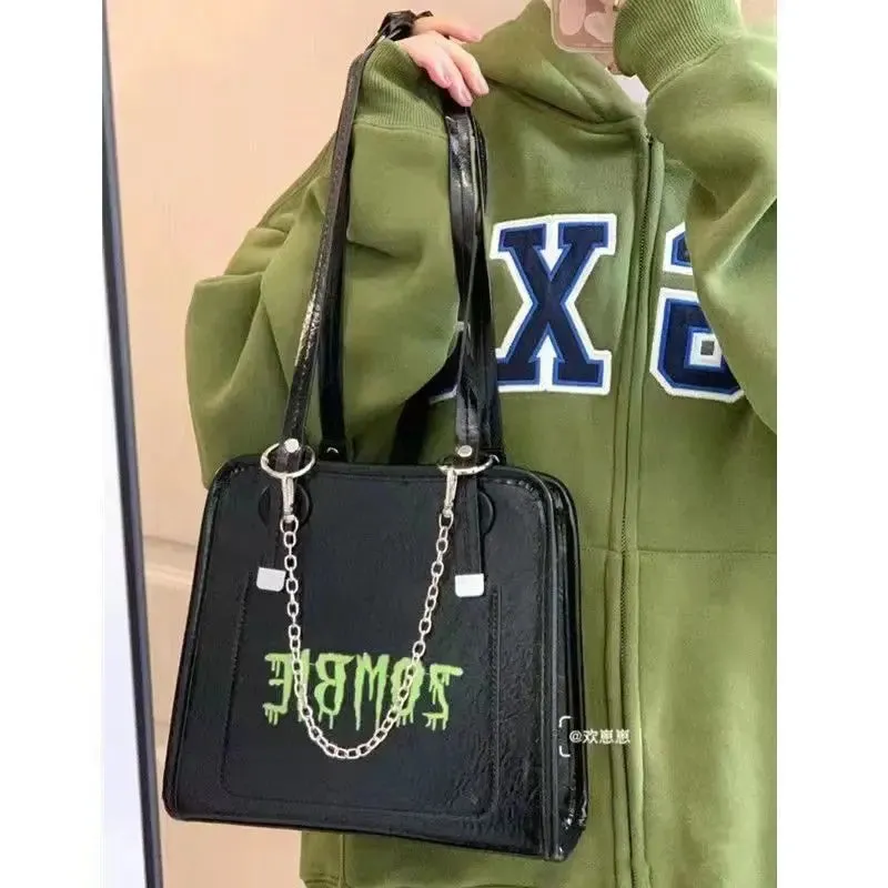 Uniwim Hot Girls Black Shoulder Bags Women Vintage Letter Chain Chic Large Capacity Tote Bag Female Retro Y2k Handbag Aesthetic