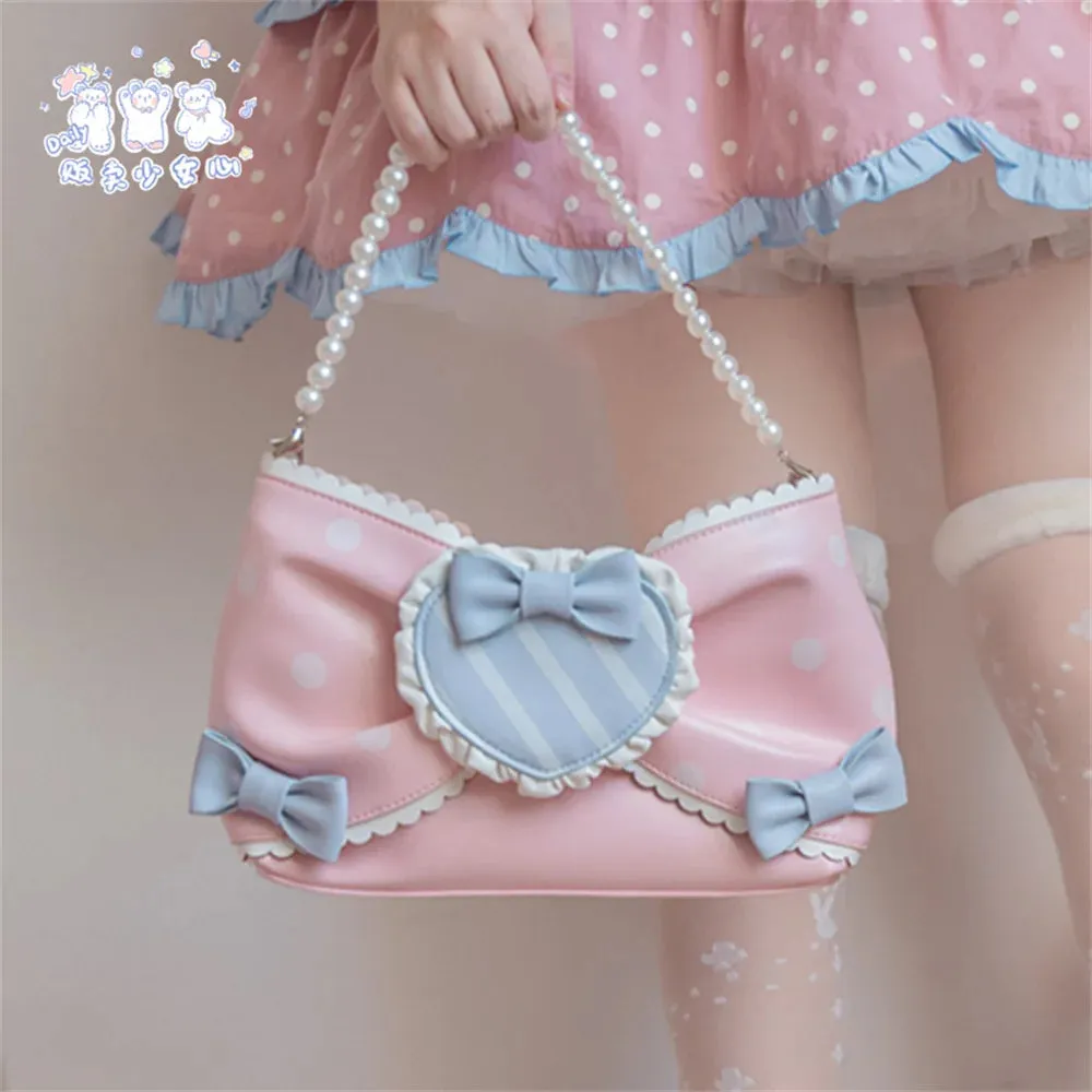 Uniwim Sweet Girls Pink Sugar Wave Point Pearl Chain Bowknot Bags Lolita Bags Black Girls Cute Love Ruffle Portable Cosplay Lolita Bags