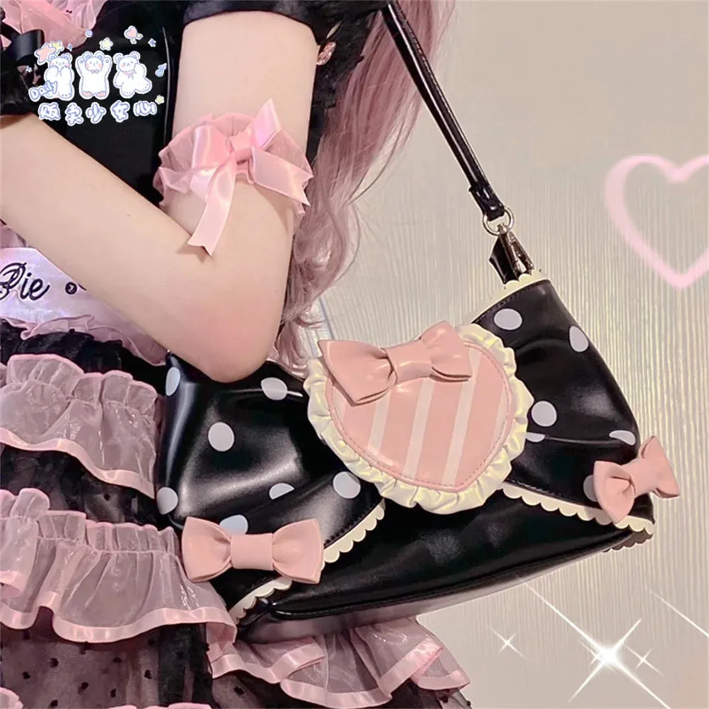 Uniwim Sweet Girls Pink Sugar Wave Point Pearl Chain Bowknot Bags Lolita Bags Black Girls Cute Love Ruffle Portable Cosplay Lolita Bags