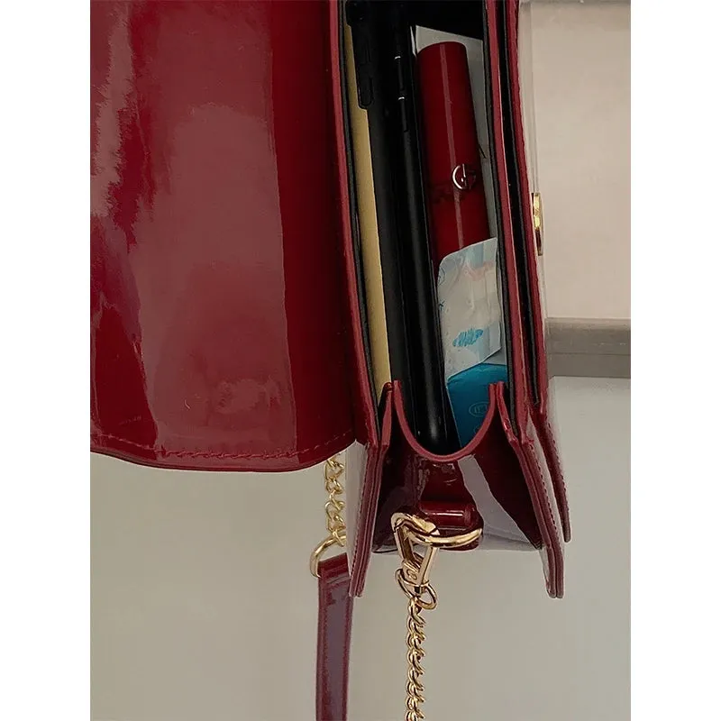 VAIGE Retro Red Patent Leather Love Heart Messenger Bag with Chain - Small Saddle Shoulder Handbag