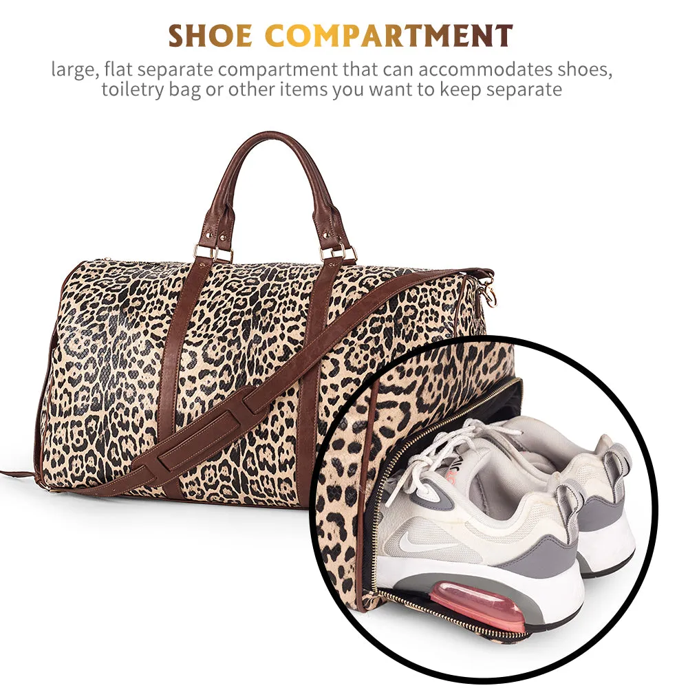 Viva Terry Large Travel Duffle Bag Vegan Leather with Shoe Compartment and Toiletry Bag (leopard)