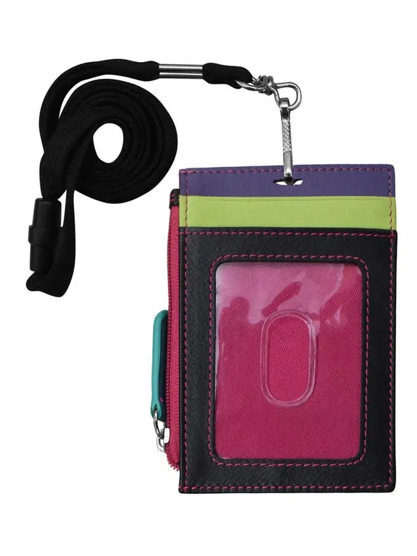 Wallet I.D. Holder Vertical Zipper With Lanyard Black Brights Leather RFID Blocking 7118