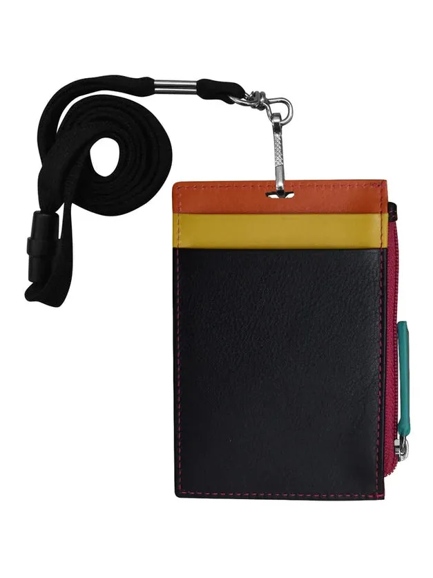 Wallet I.D. Holder Vertical Zipper With Lanyard Black Brights Leather RFID Blocking 7118