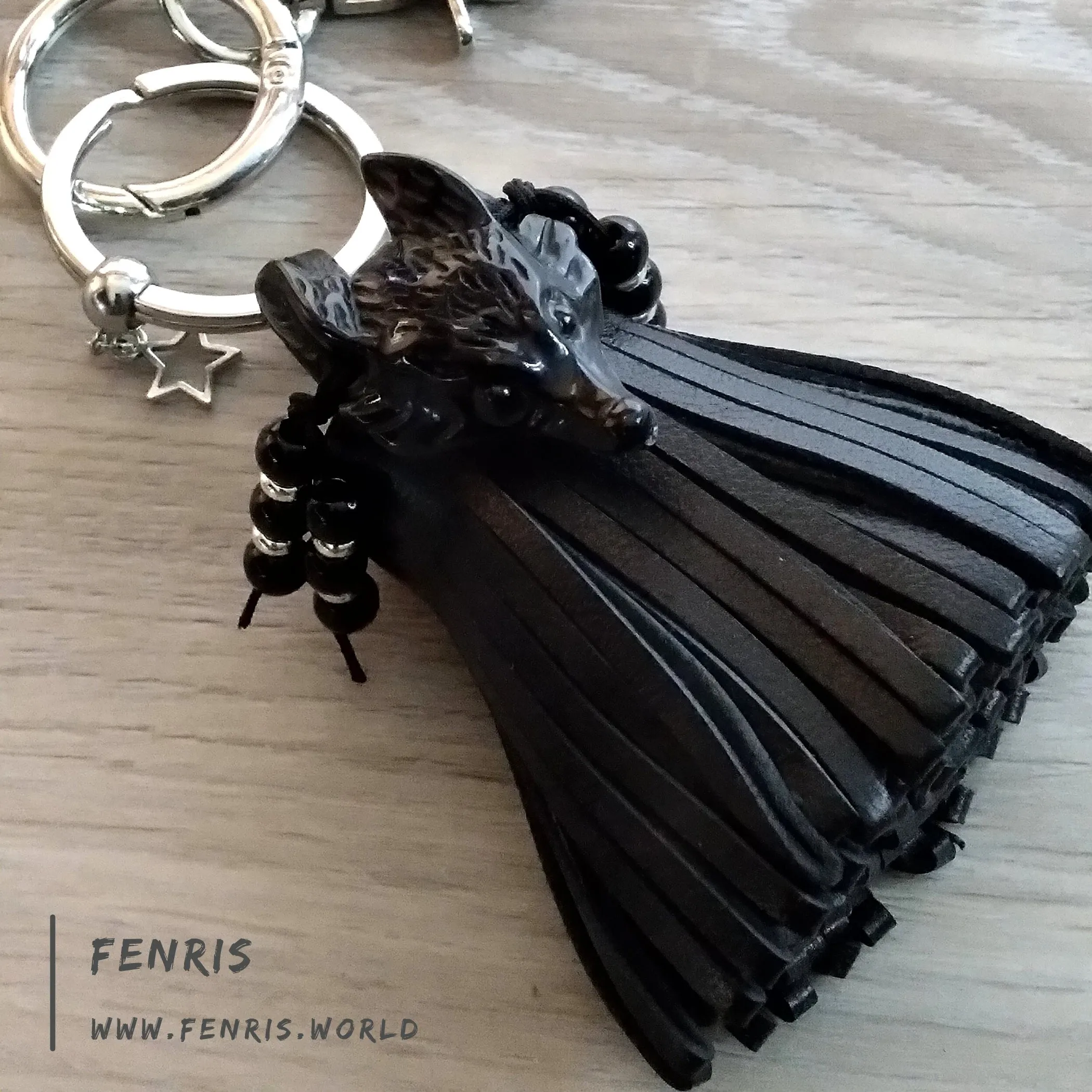 Wolf Keychain Leather Tassel Black Obsidian Handmade