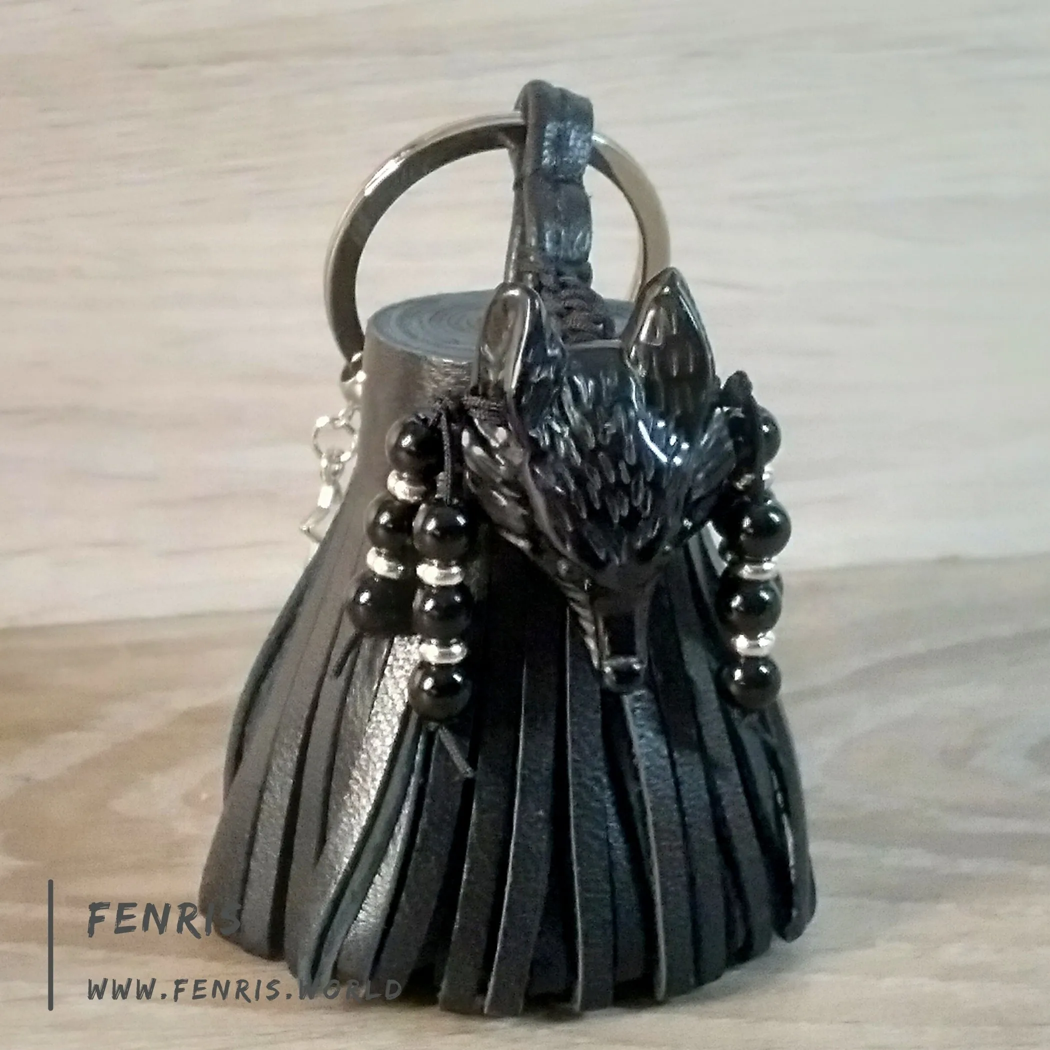 Wolf Keychain Leather Tassel Black Obsidian Handmade