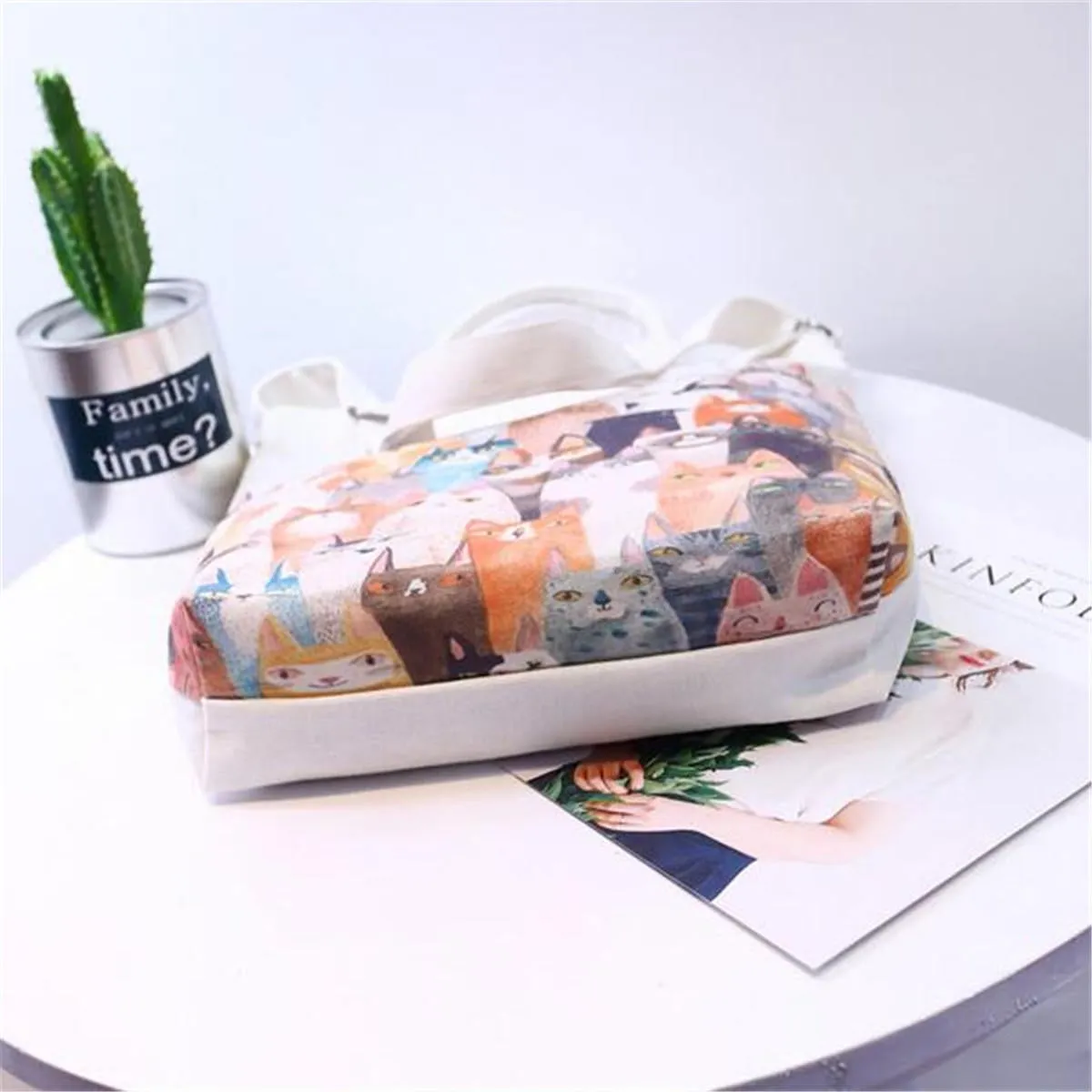 women cartoon cats printed canvas tote shopping handbag beach purse shoulder bag-PPT