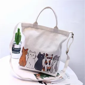 women cartoon cats printed canvas tote shopping handbag beach purse shoulder bag-PPT