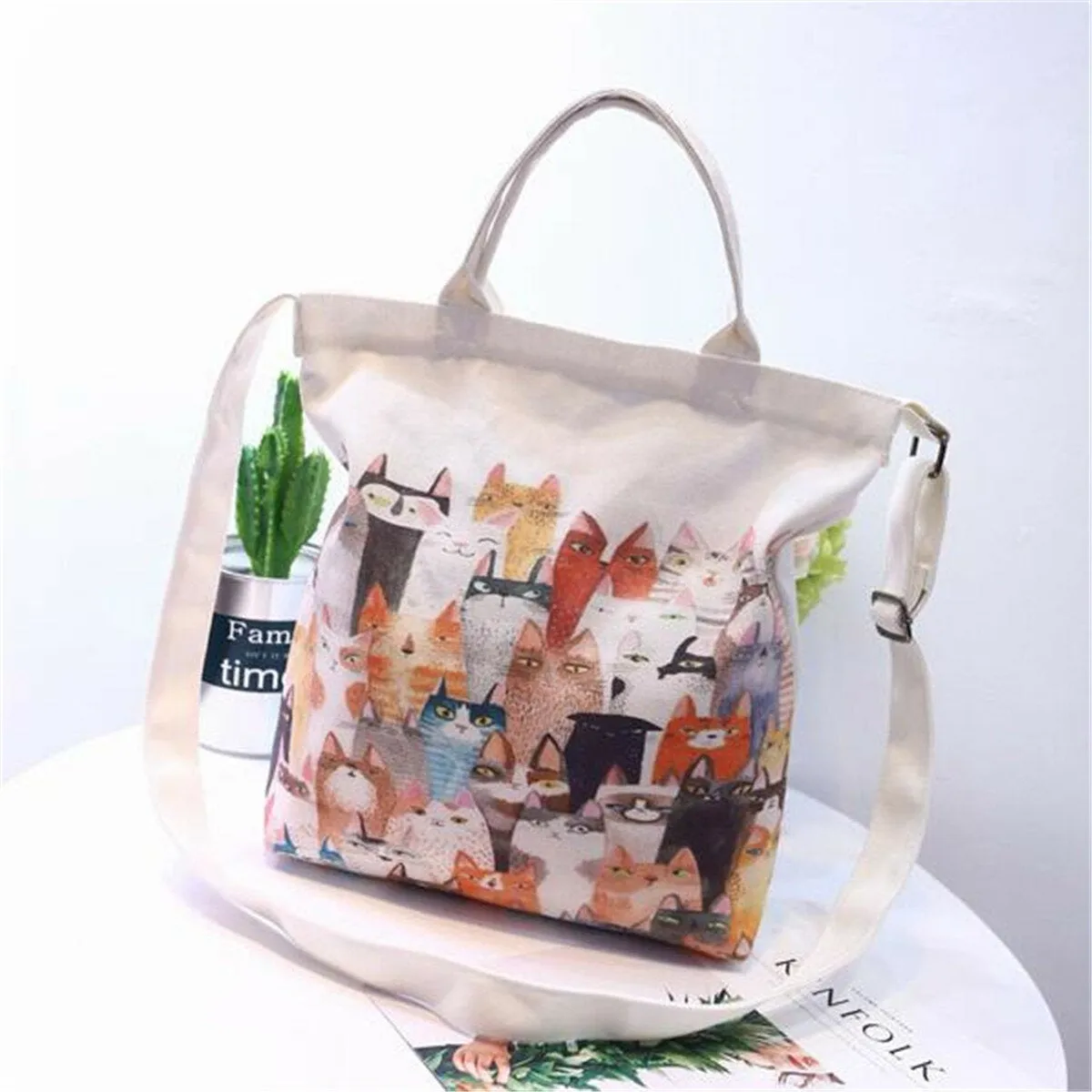 women cartoon cats printed canvas tote shopping handbag beach purse shoulder bag-PPT